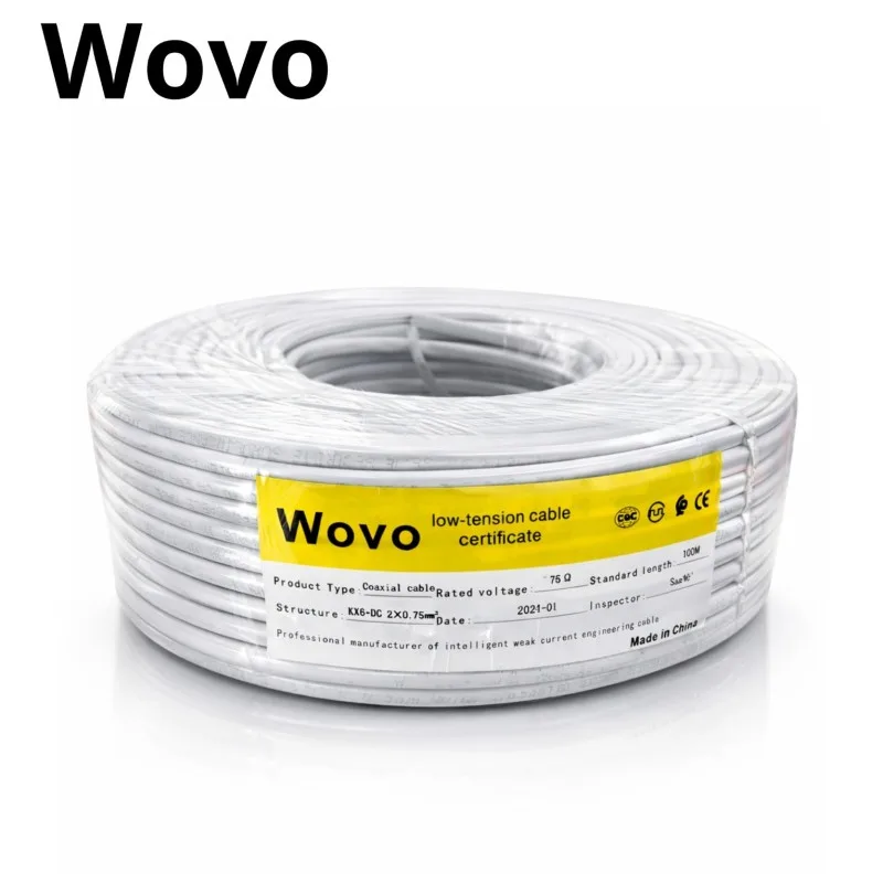 Câble Coaxial Professionnel WoVO KX6 + DC 2×0.75mm² – 100m pour Vidéosurveillance & Réseaux Basse Tension