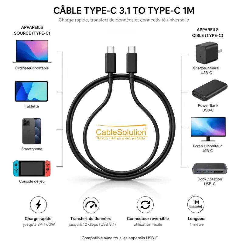 Câble USB-C vers USB-C CableSolution Type-C / Type-C Cable 1M – vue 3