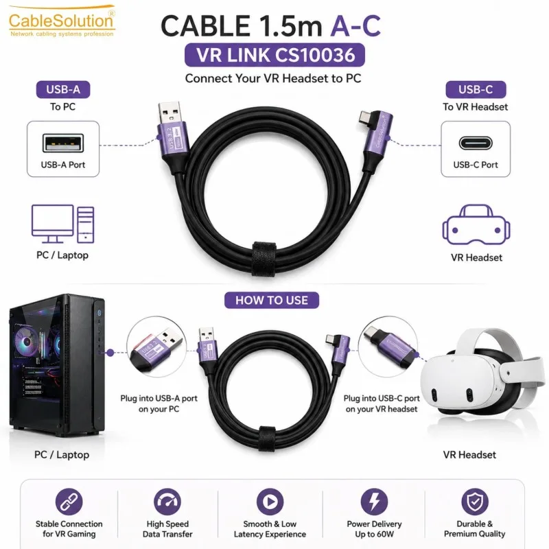 VR Link Cable USB-A vers USB-C 1.5M CableSolution CS10036 – vue 3