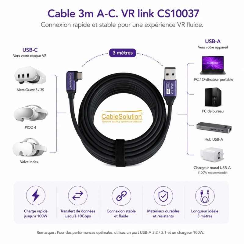 VR Link Cable USB-A vers USB-C 3M CableSolution CS10037 – vue 4