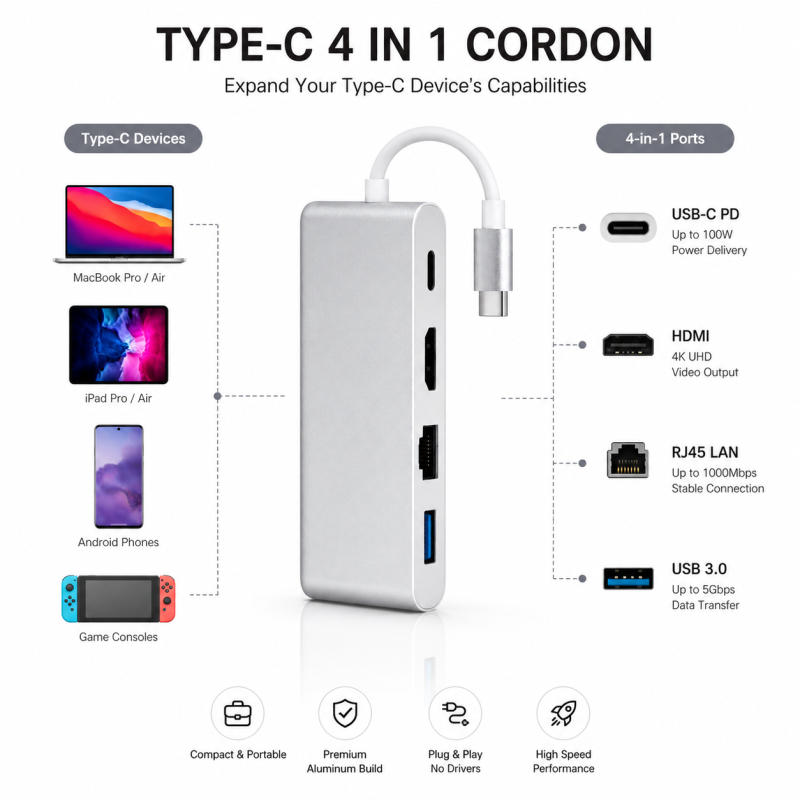Adaptateur USB Type-C vers HDTV 4 en 1 Générique TYPE-C4IN1 – vue 4