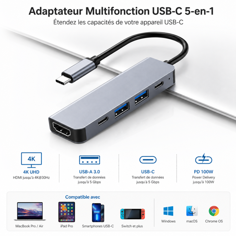 Adaptateur multifonction USB-C vers HDMI 5-en-1 Générique TYPE-C5IN1 – vue 3