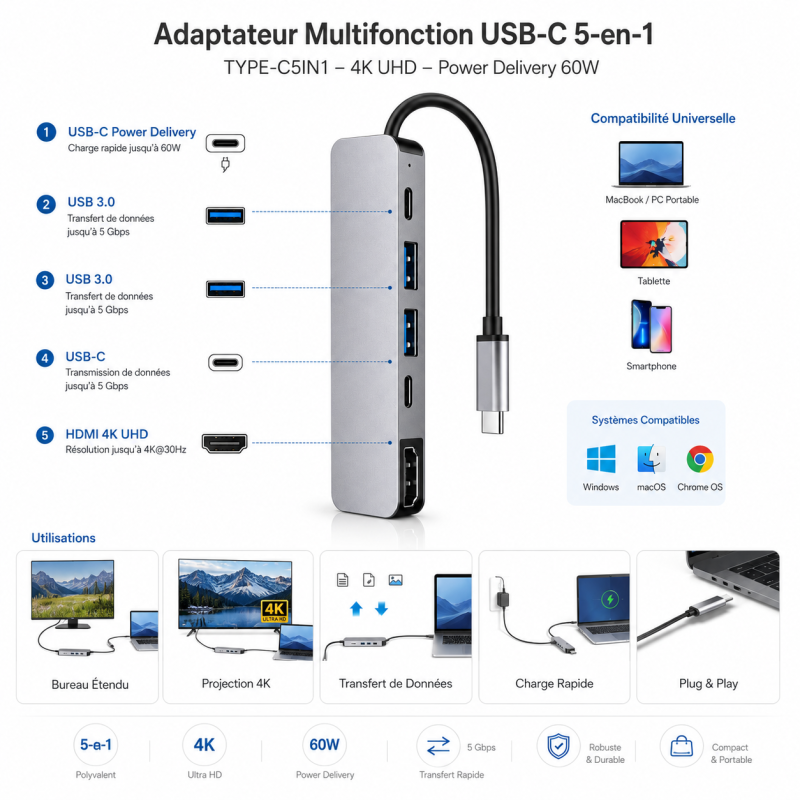 Adaptateur multifonction USB-C vers HDMI 5-en-1 Générique TYPE-C5IN1 – vue 4