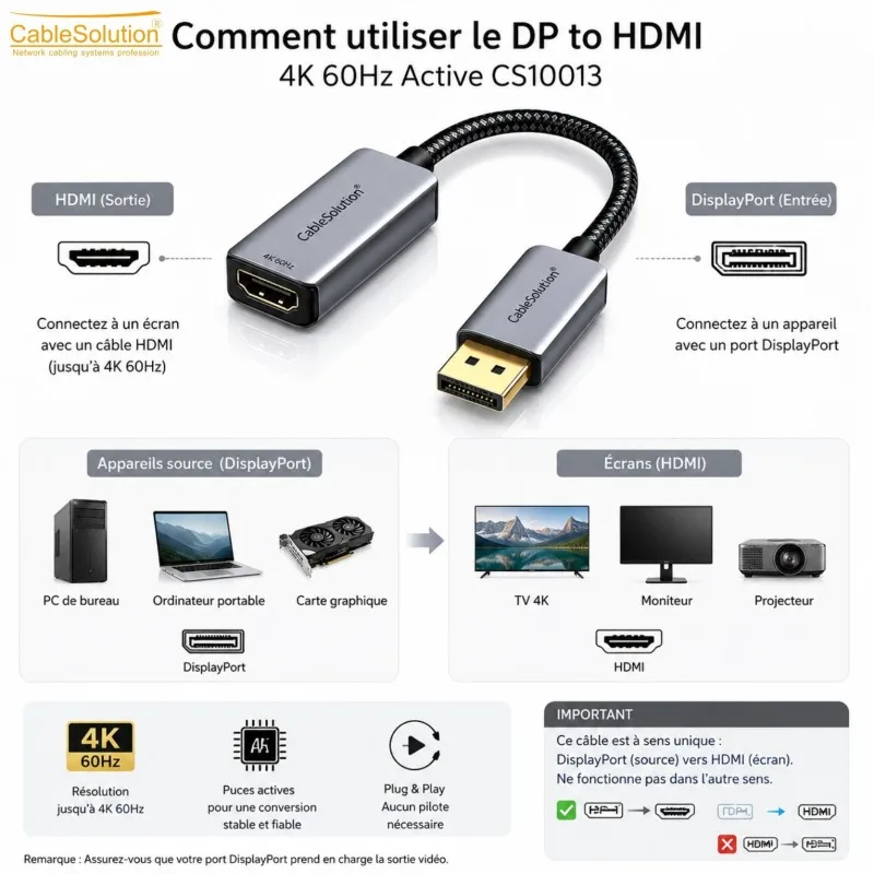 Adaptateur DP vers HDTV 4K@60Hz Actif CableSolution CS10013 – vue 3