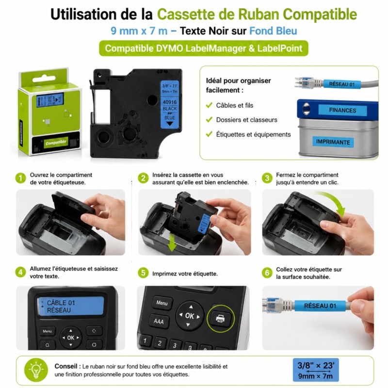 Cassette de ruban à étiqueter compatible Générique DY9A Blue – vue 3