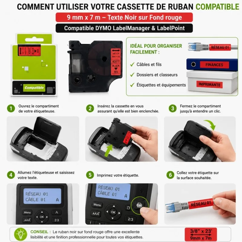 Cassette de ruban à étiqueter compatible Générique DY9A Red – vue 3