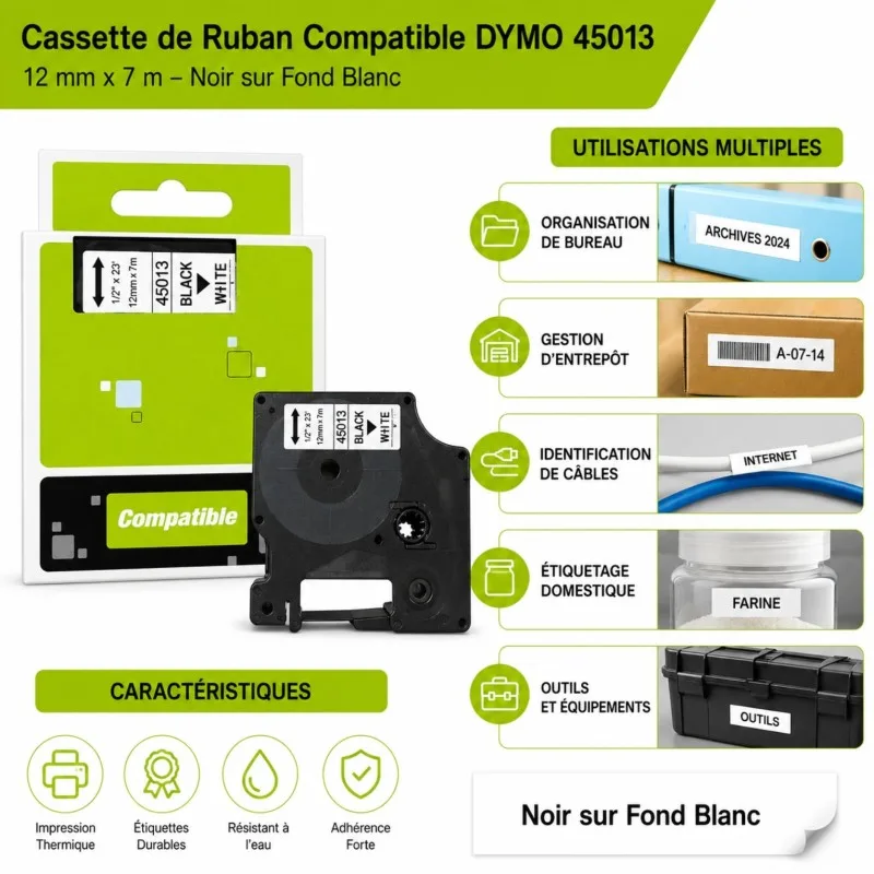 Cassette de ruban à étiqueter compatible Générique DY12A White – vue 2