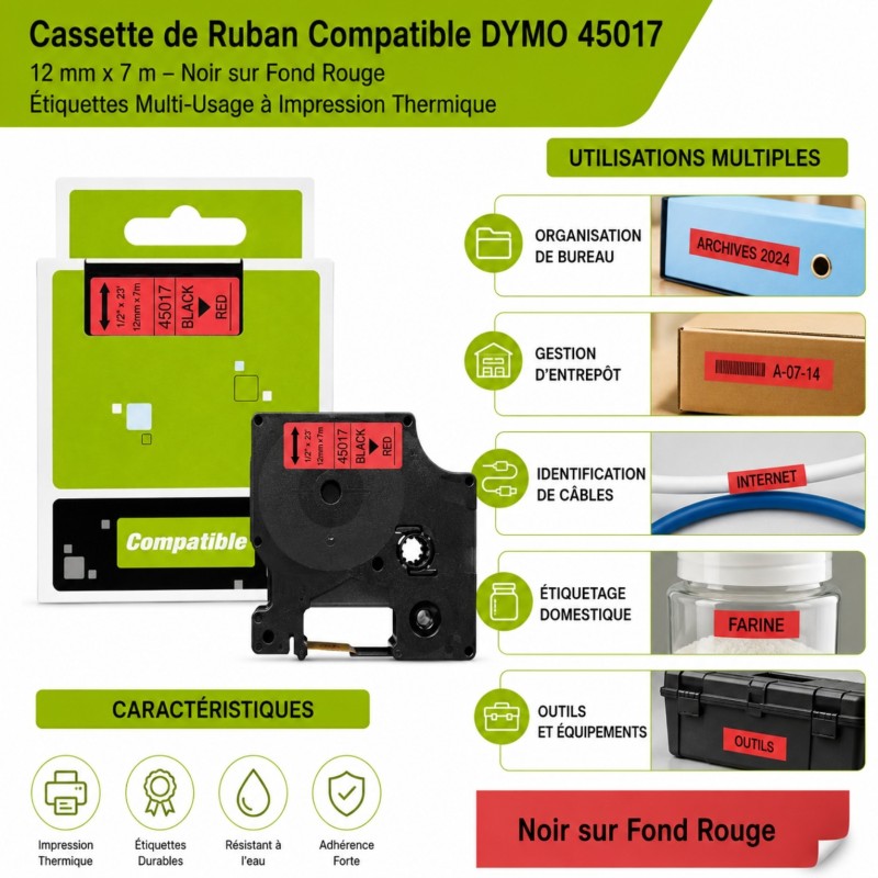 Cassette de ruban à étiqueter compatible Générique DY12A RED – vue 4