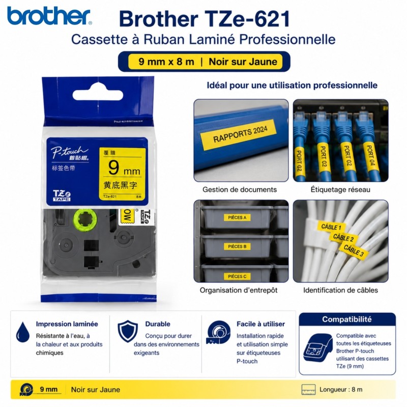 Cassette à ruban laminé Brother TZe-621 BRO9 Yellow – vue 3