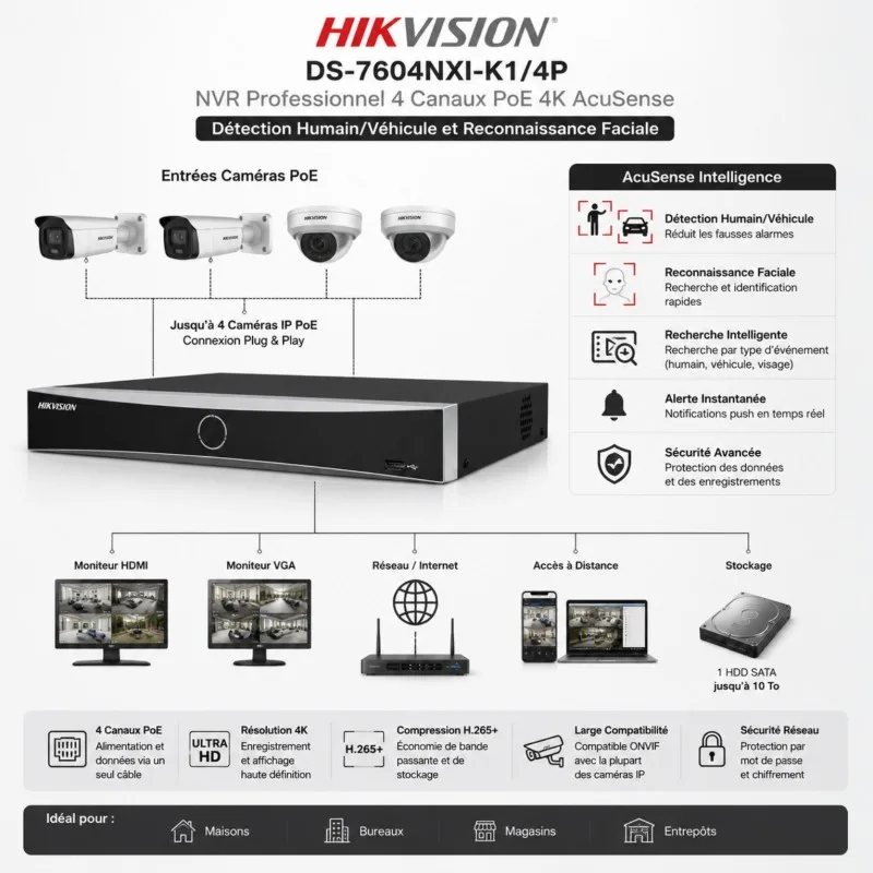 NVR AcuSense Série K 1U 4K avec PoE intégré HIKVISION DS-7604NXI-K1/4P – vue 2
